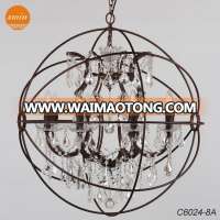 American vintage 8-lights Foucaut's ORB clear crystal chandelier ,retro rustic iron pendant lamp with UL/CE C6024-8A